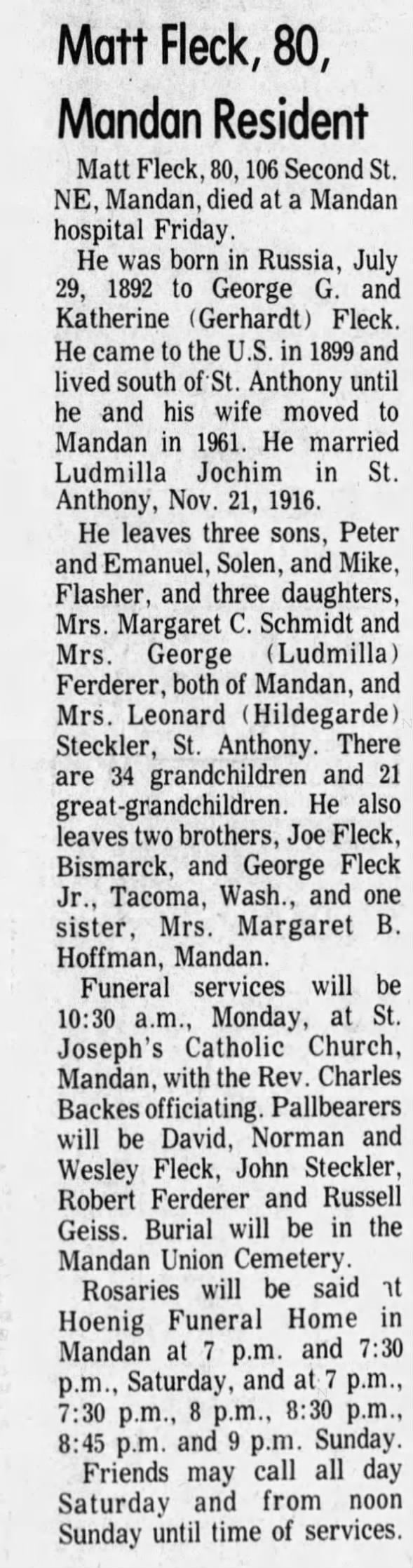 Obituary for Matt Fleck (Aged 80)